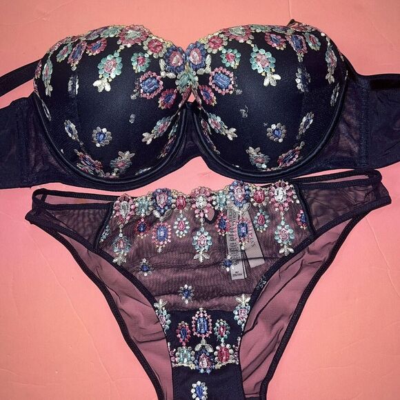 Victoria's Secret 32DDD,36D,36DDD BRA SET+garter navy BLUE bejeweled EMBROIDERED